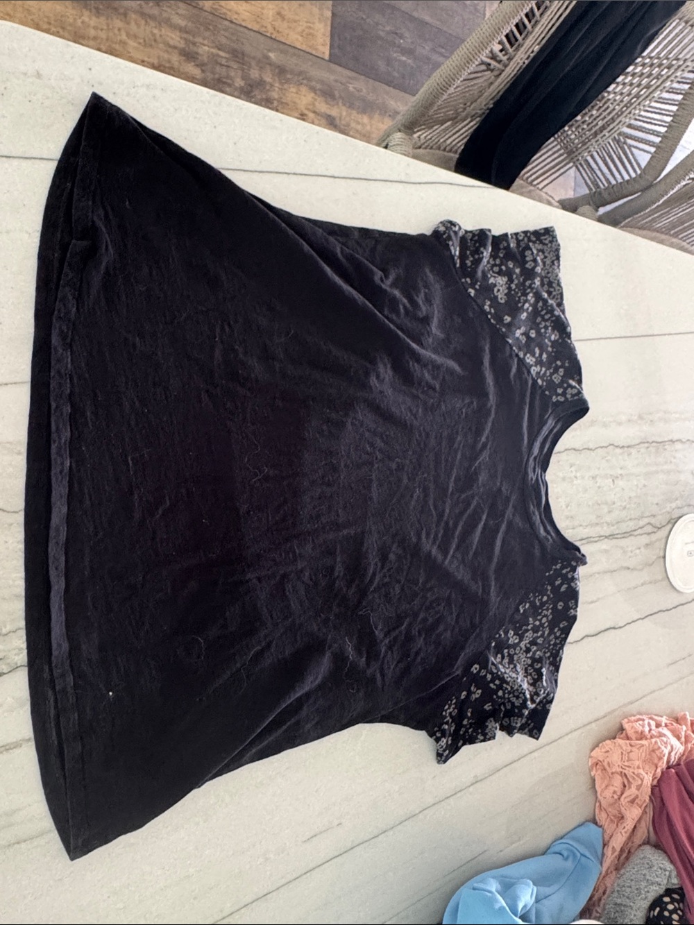 Black Short Sleeve Tee with Floral Shoulder Accent